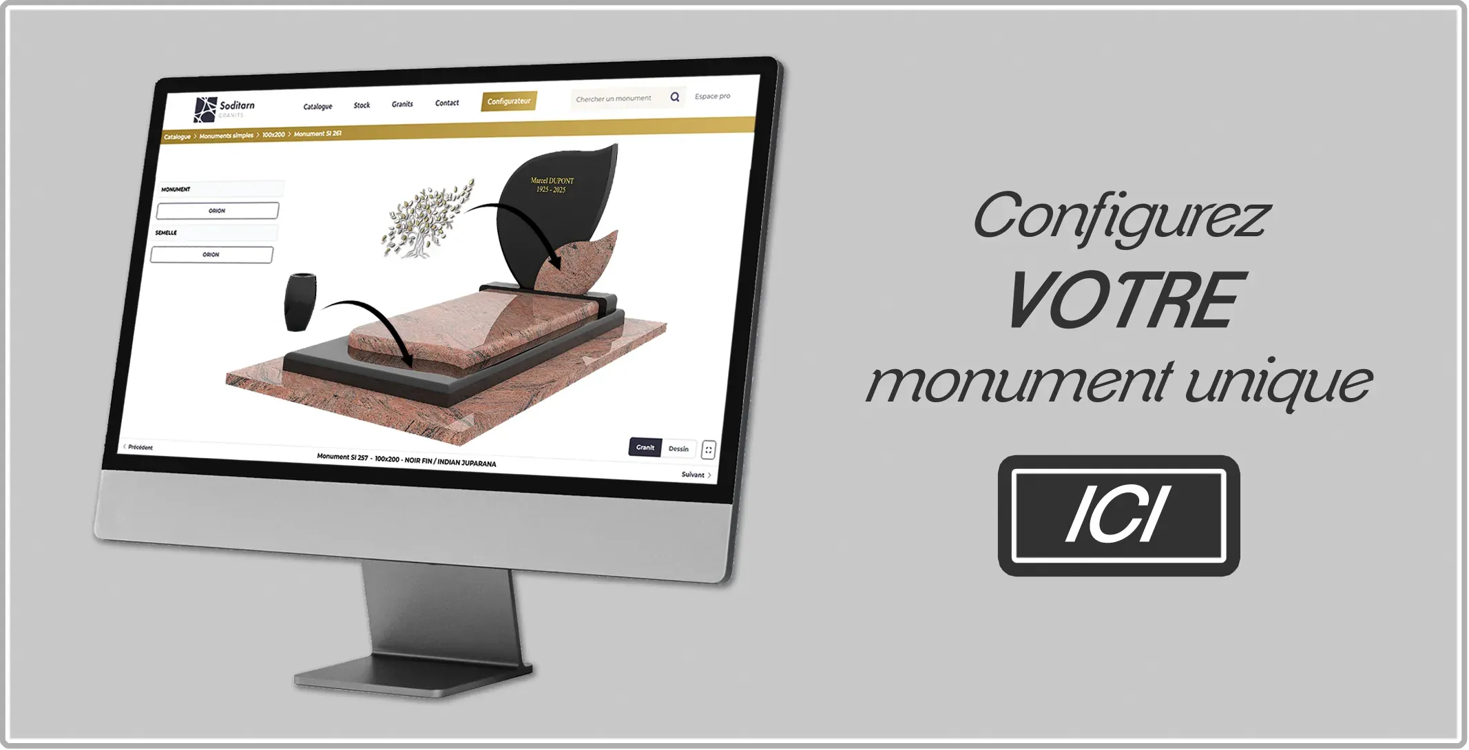 Ordinateur affichant un configurateur 3D pour monuments funéraires uniques.